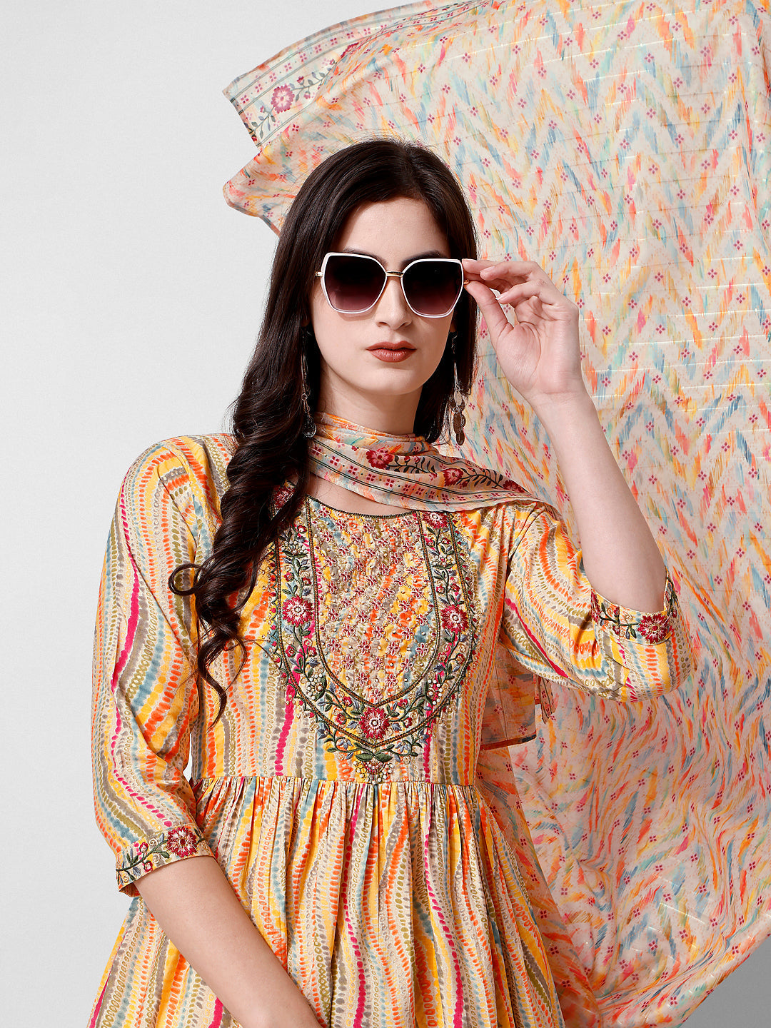 Nayra Cut Embroidered Kurta With Pant And Dupatta Set, Multicolor - Hiral Fashion | Grocsy