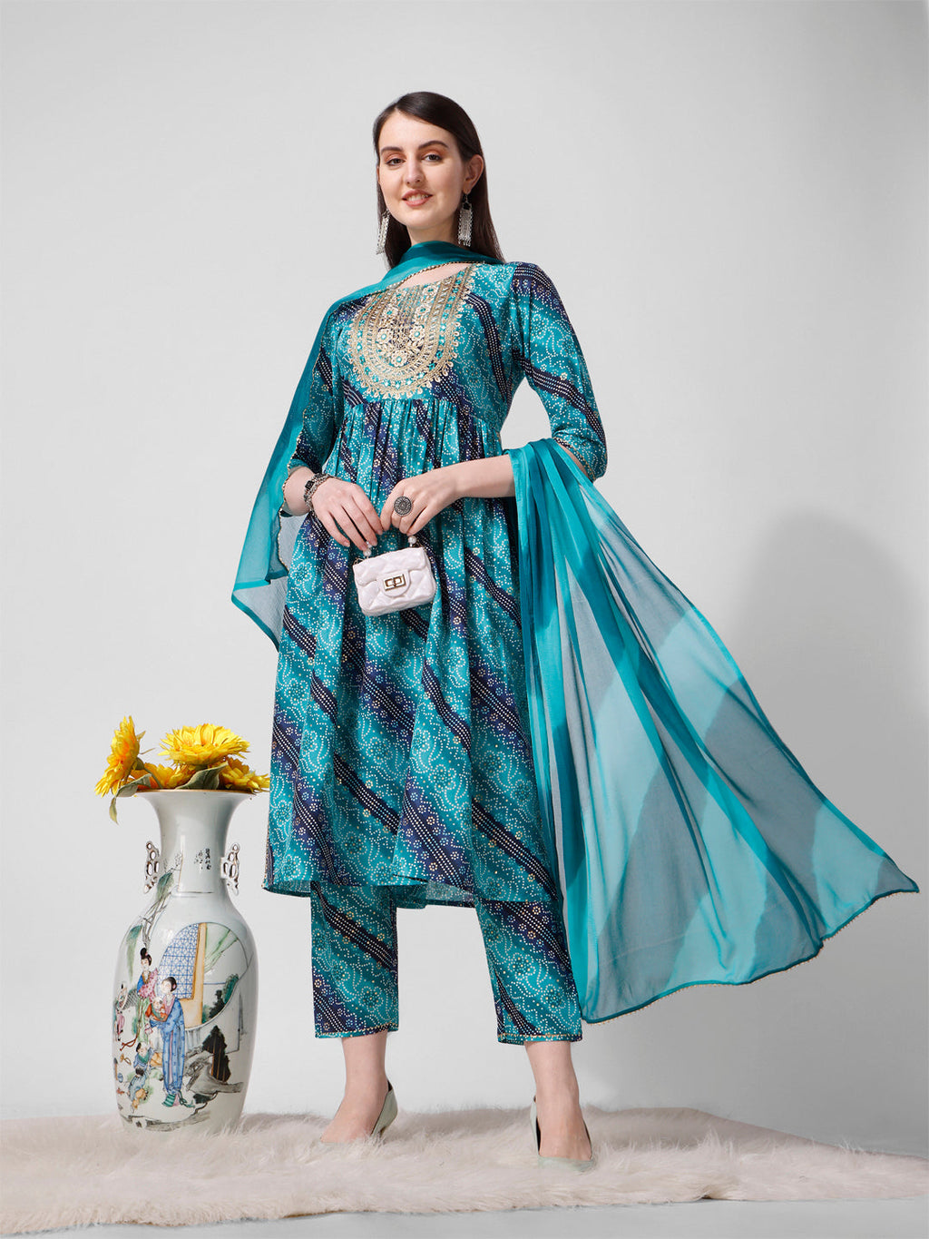 Embroidered & Printed Kurta With Pant And Dupatta Set, Multicolor - Hiral Fashion | Grocsy