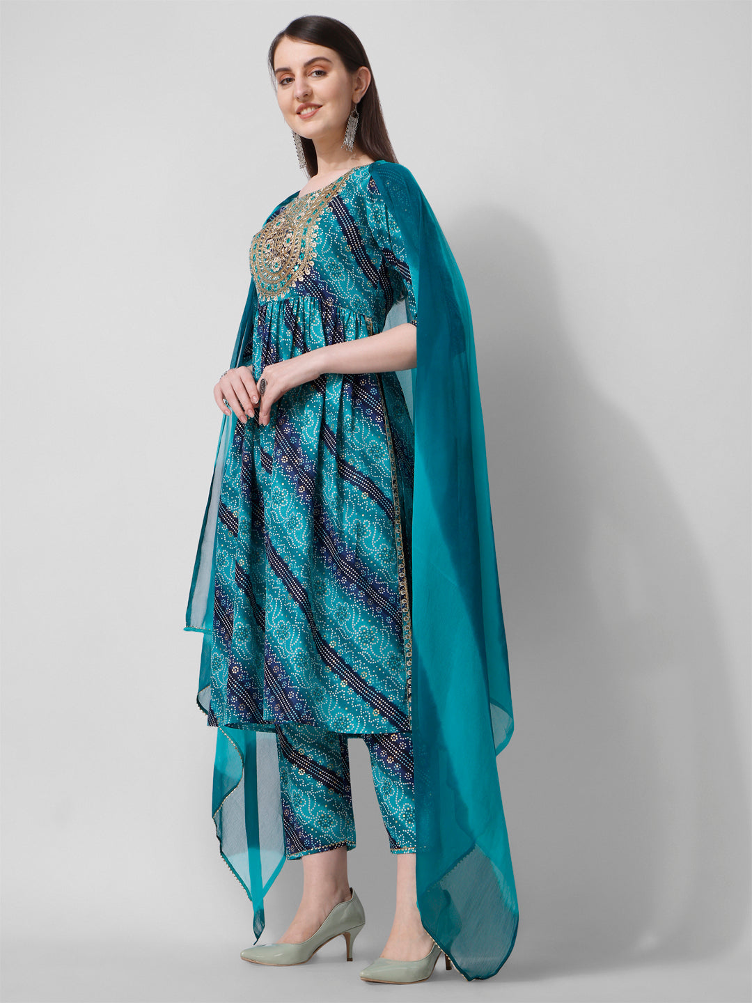 Embroidered & Printed Kurta With Pant And Dupatta Set, Multicolor - Hiral Fashion | Grocsy