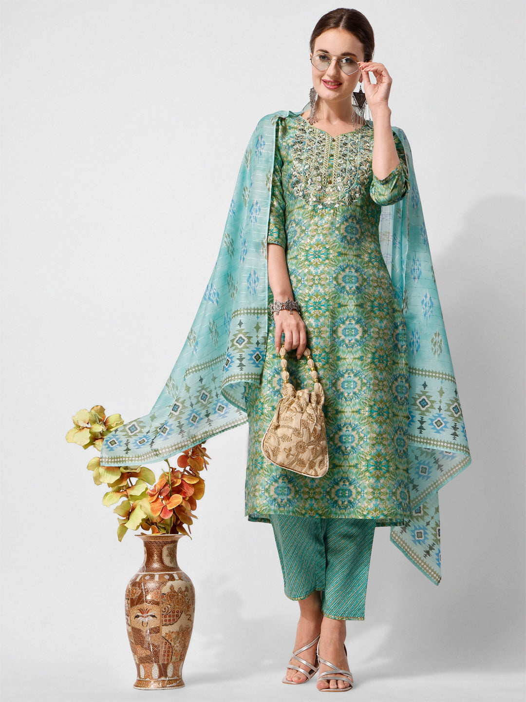 Printed And Embroidered Kurta With Pant And Dupatta Set, Multicolor - Hiral Fashion | Grocsy