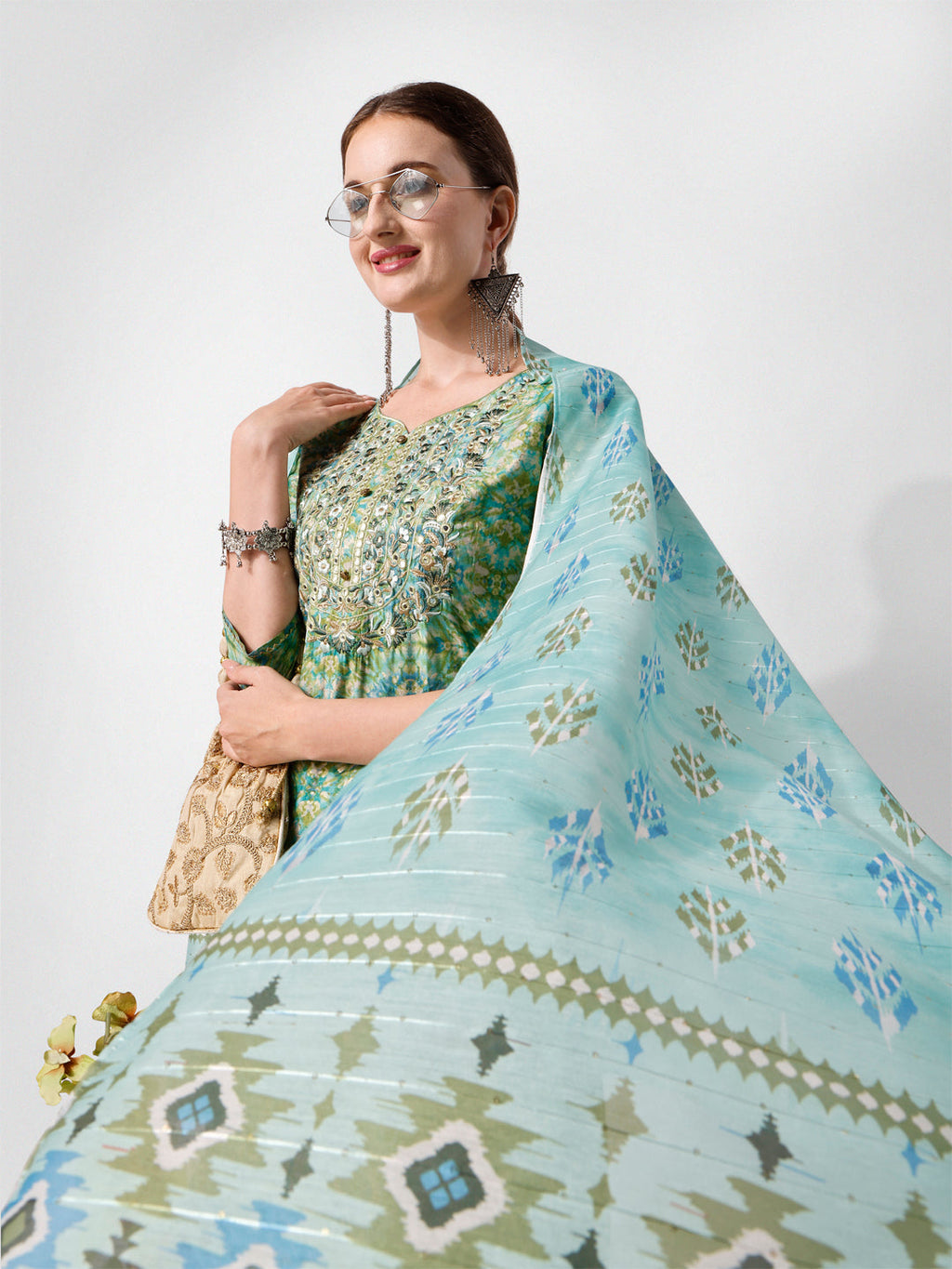Printed And Embroidered Kurta With Pant And Dupatta Set, Multicolor - Hiral Fashion | Grocsy