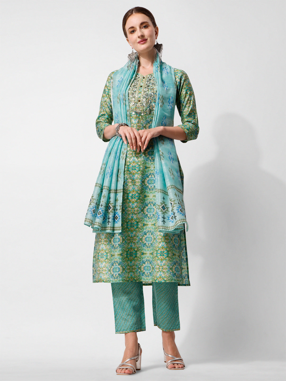 Printed And Embroidered Kurta With Pant And Dupatta Set, Multicolor - Hiral Fashion | Grocsy