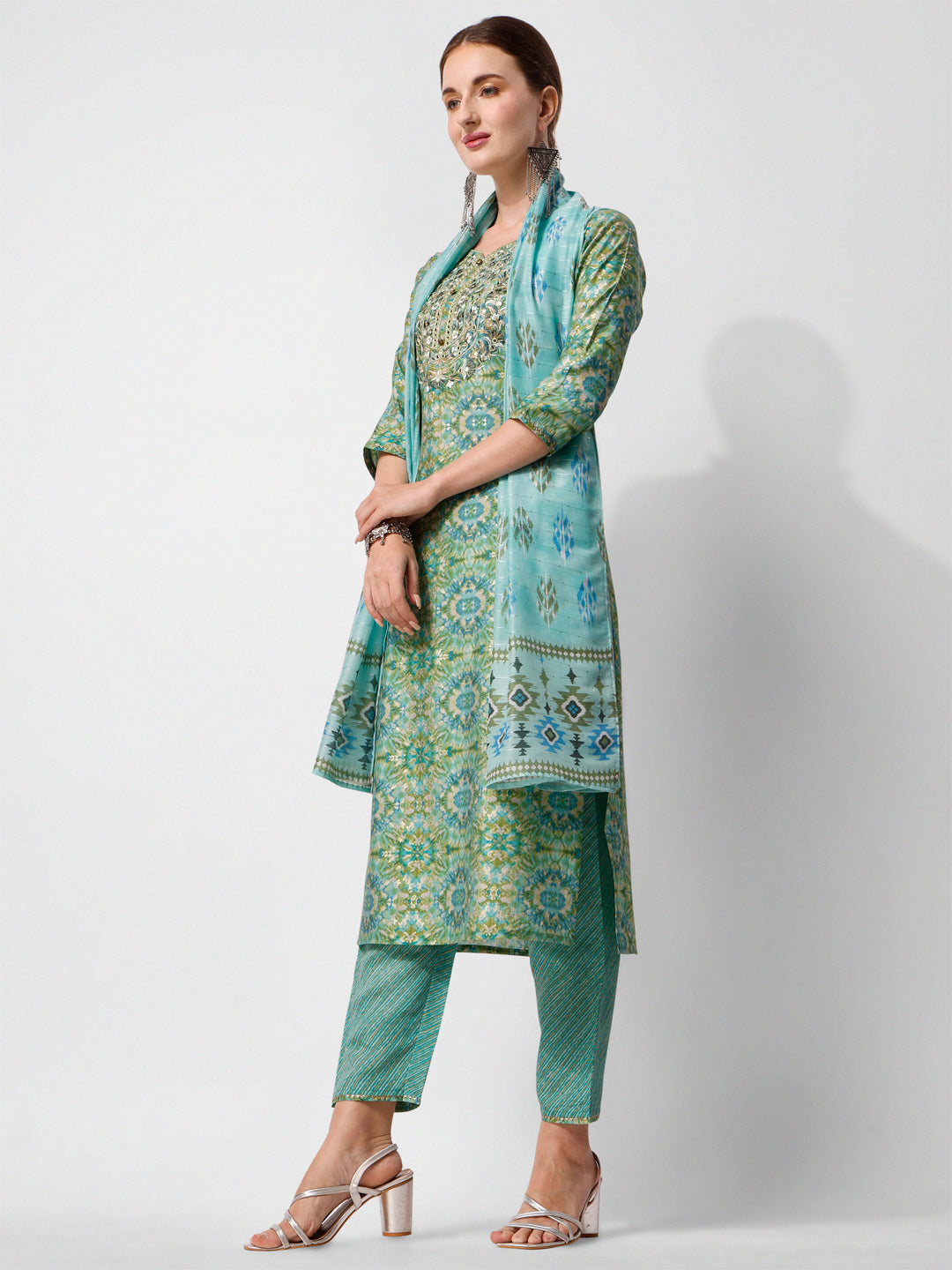 Printed And Embroidered Kurta With Pant And Dupatta Set, Multicolor - Hiral Fashion | Grocsy