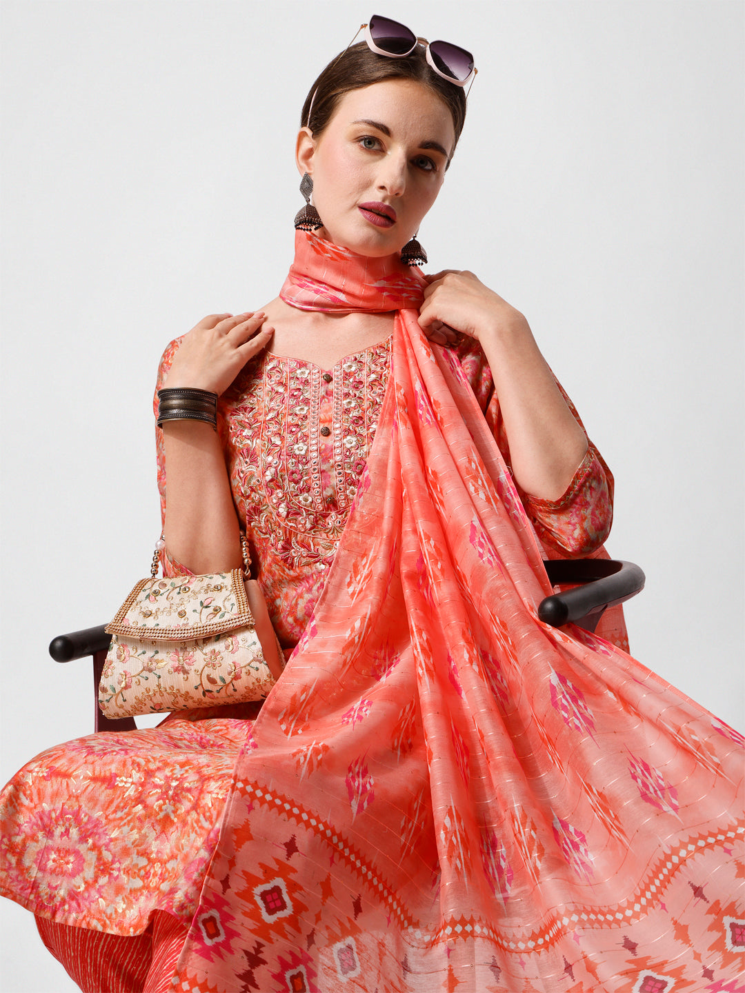 Printed And Embroidered Kurta With Pant And Dupatta Set, Multicolor - Hiral Fashion | Grocsy