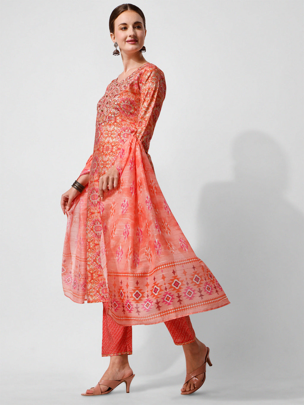 Printed And Embroidered Kurta With Pant And Dupatta Set, Multicolor - Hiral Fashion | Grocsy