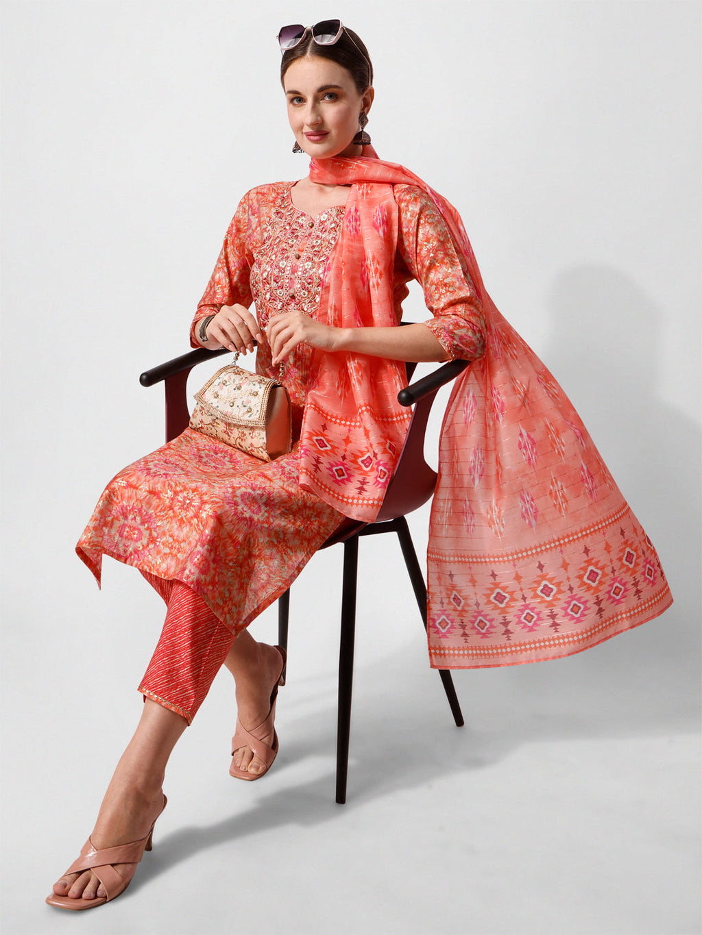 Printed And Embroidered Kurta With Pant And Dupatta Set, Multicolor - Hiral Fashion | Grocsy