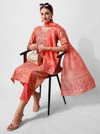 Printed And Embroidered Kurta With Pant And Dupatta Set, Multicolor - Hiral Fashion | Grocsy