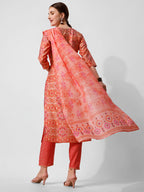 Printed And Embroidered Kurta With Pant And Dupatta Set, Multicolor - Hiral Fashion | Grocsy