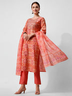 Printed And Embroidered Kurta With Pant And Dupatta Set, Multicolor - Hiral Fashion | Grocsy