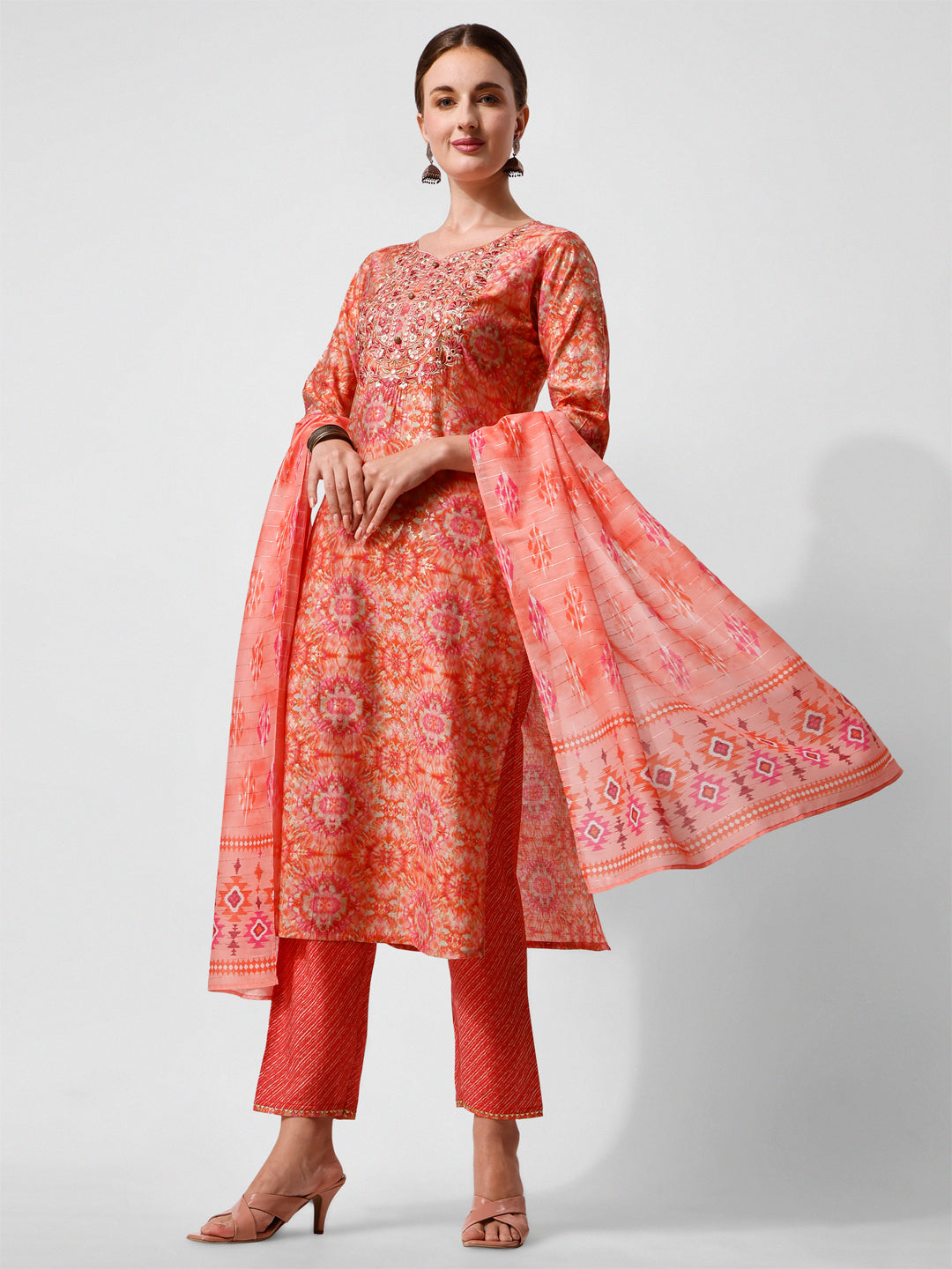 Printed And Embroidered Kurta With Pant And Dupatta Set, Multicolor - Hiral Fashion | Grocsy