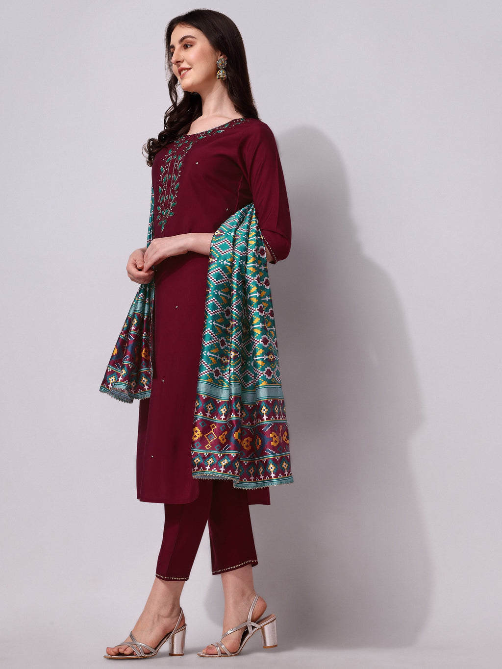 Embroidered Kurta With Pant And Dupatta Set, Multicolor - Hiral Fashion | Grocsy