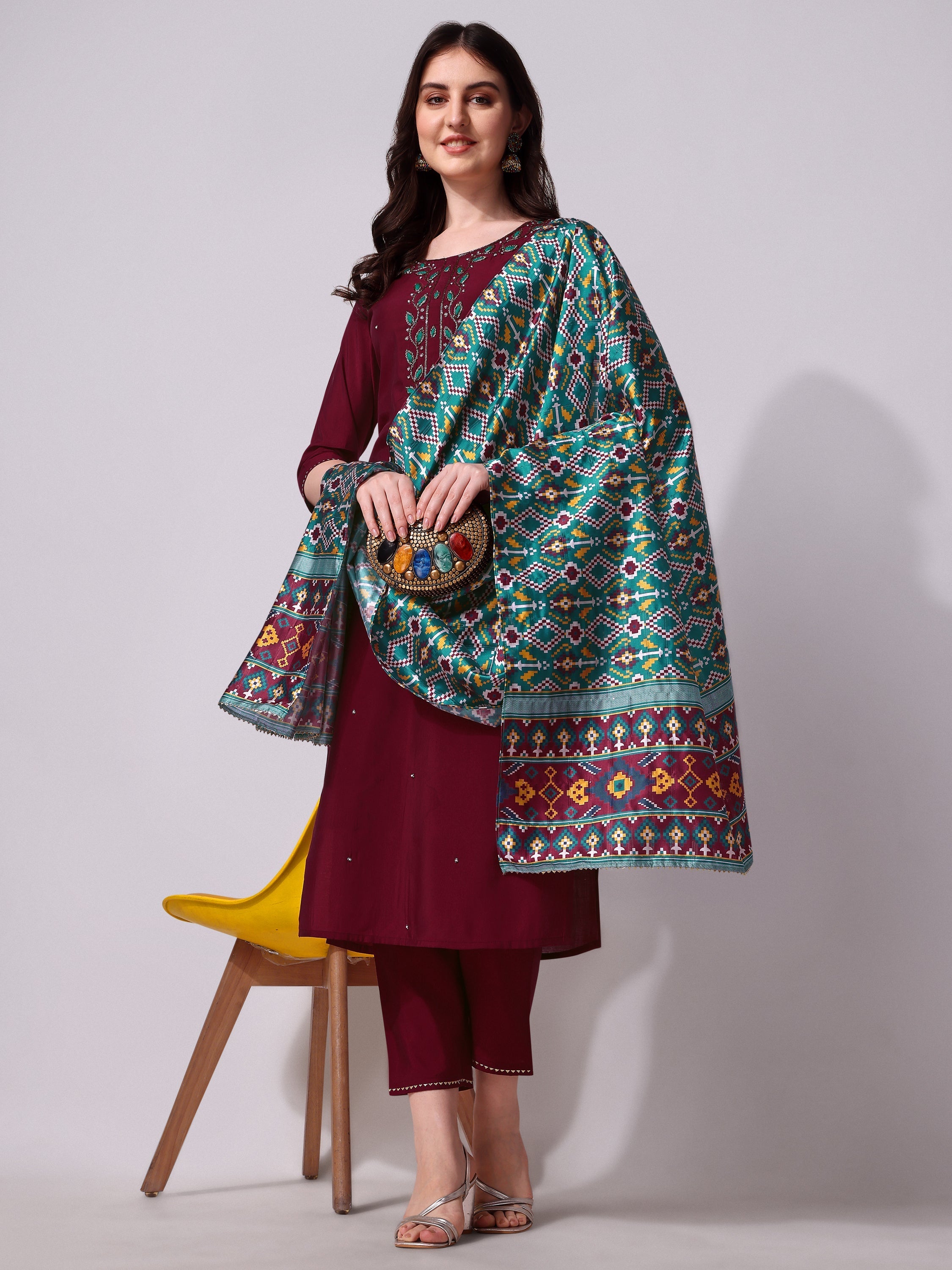 Embroidered Kurta With Pant And Dupatta Set, Multicolor - Hiral Fashion | Grocsy