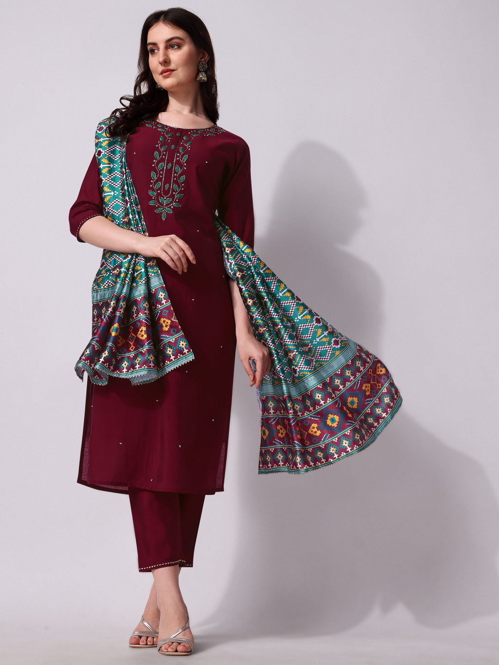 Embroidered Kurta With Pant And Dupatta Set, Multicolor - Hiral Fashion | Grocsy