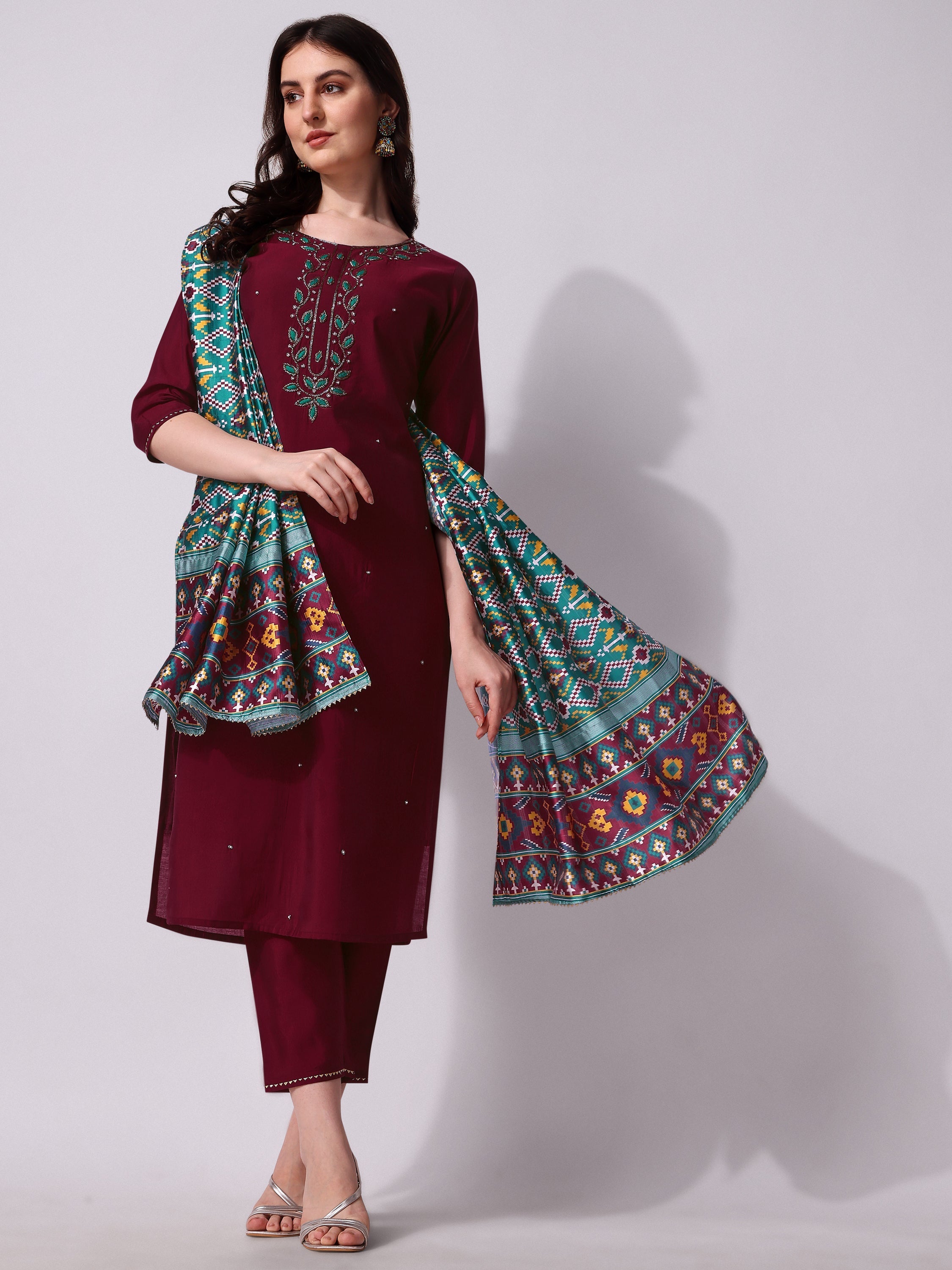 Embroidered Kurta With Pant And Dupatta Set, Multicolor - Hiral Fashion | Grocsy