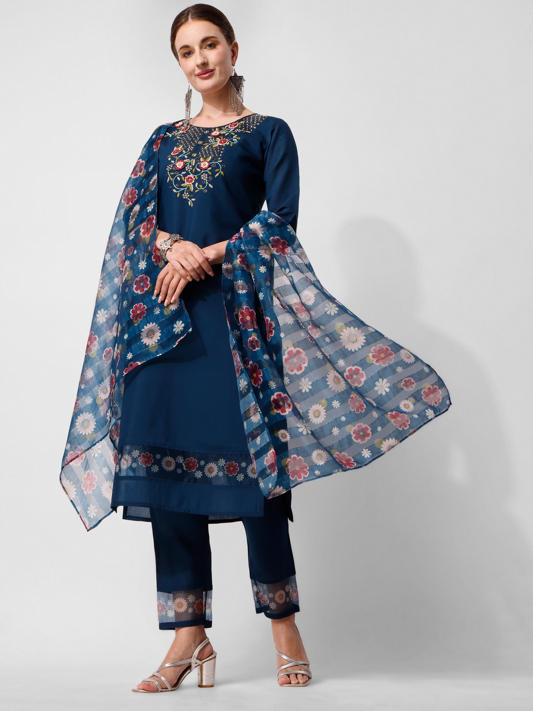 Embroidered Blue Kurta With Pant And Printed Dupatta Set, Multicolor - Hiral Fashion | Grocsy