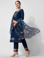 Embroidered Blue Kurta With Pant And Printed Dupatta Set, Multicolor - Hiral Fashion | Grocsy