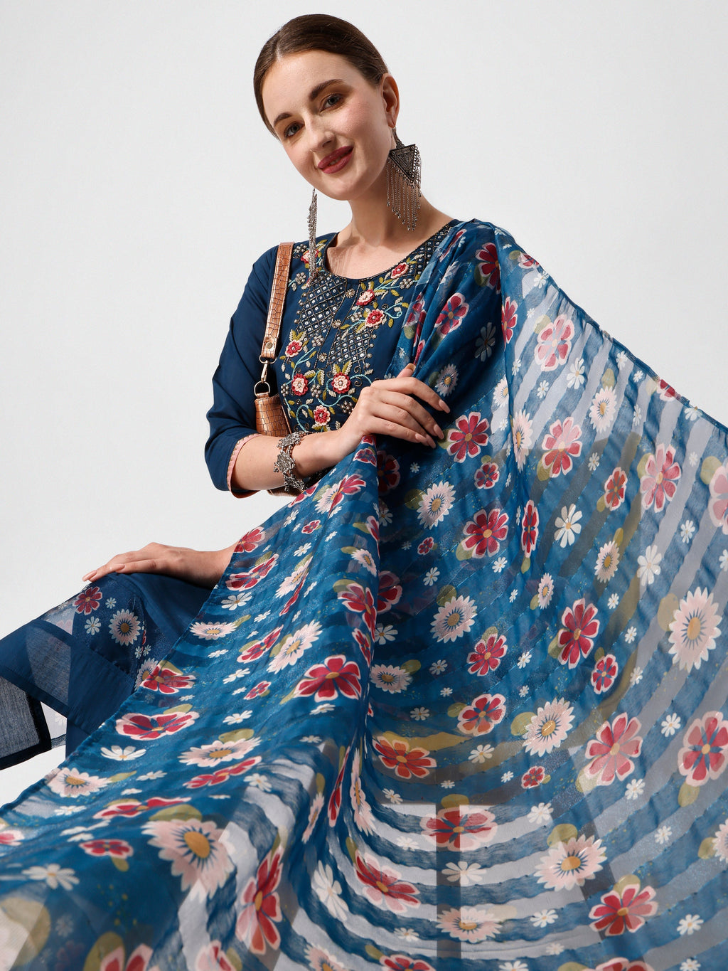 Embroidered Blue Kurta With Pant And Printed Dupatta Set, Multicolor - Hiral Fashion | Grocsy