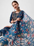 Embroidered Blue Kurta With Pant And Printed Dupatta Set, Multicolor - Hiral Fashion | Grocsy