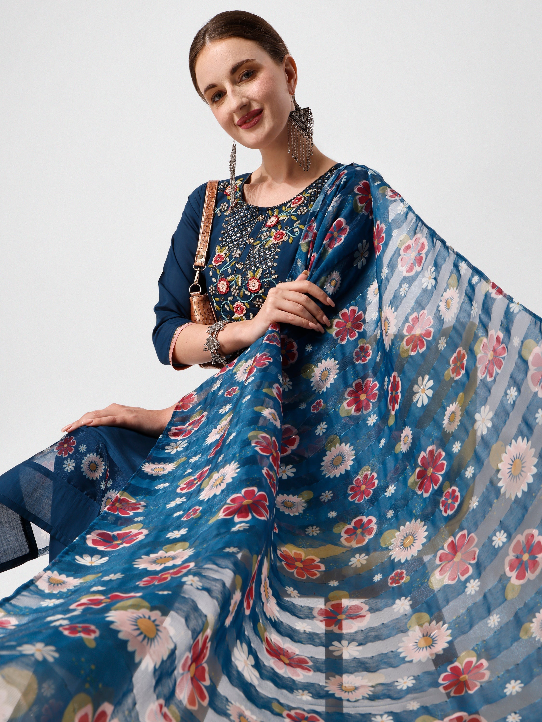 Embroidered Blue Kurta With Pant And Printed Dupatta Set, Multicolor - Hiral Fashion | Grocsy