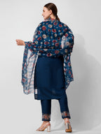 Embroidered Blue Kurta With Pant And Printed Dupatta Set, Multicolor - Hiral Fashion | Grocsy