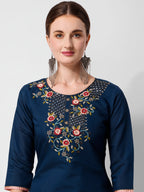 Embroidered Blue Kurta With Pant And Printed Dupatta Set, Multicolor - Hiral Fashion | Grocsy