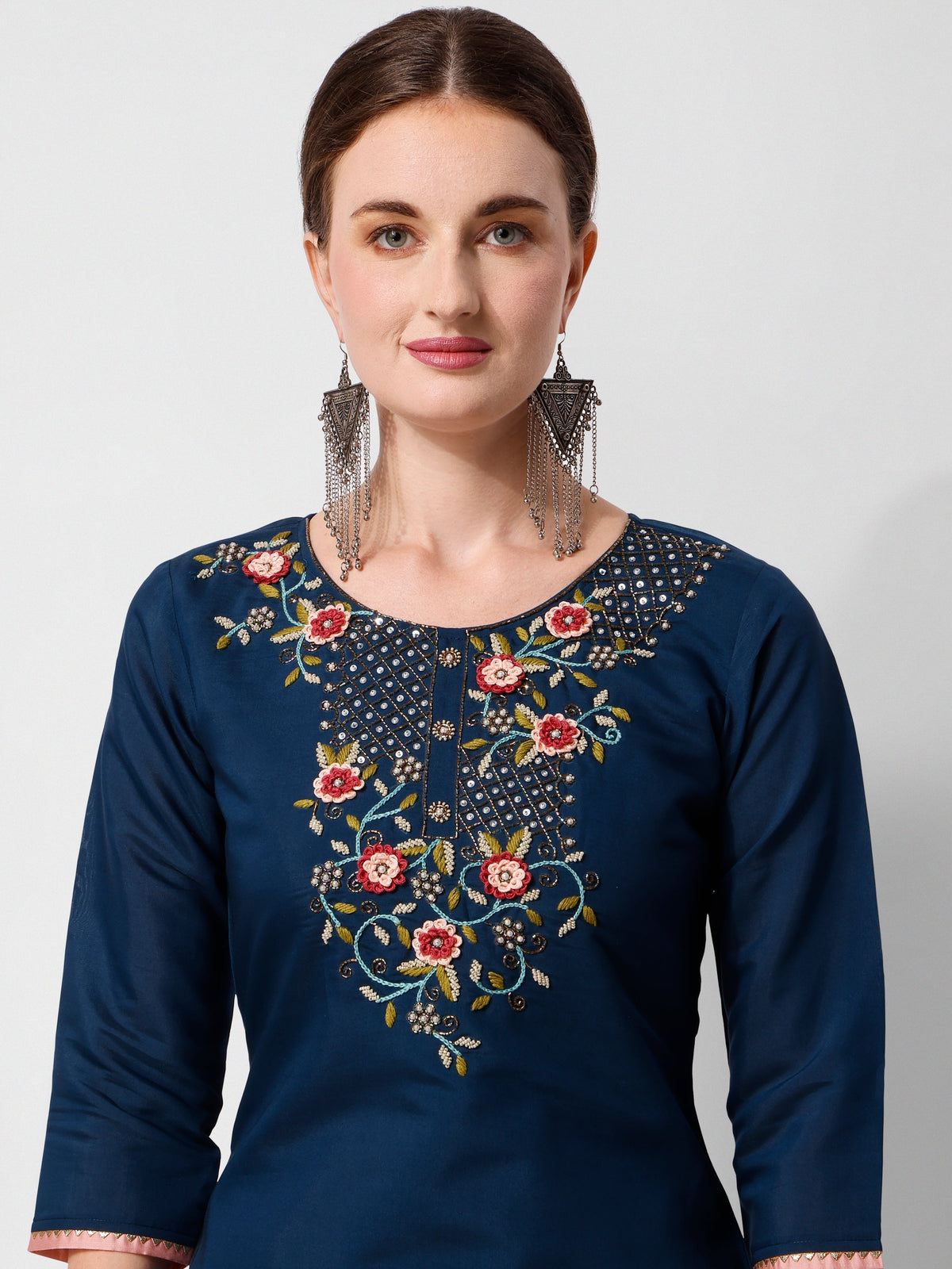 Embroidered Blue Kurta With Pant And Printed Dupatta Set, Multicolor - Hiral Fashion | Grocsy