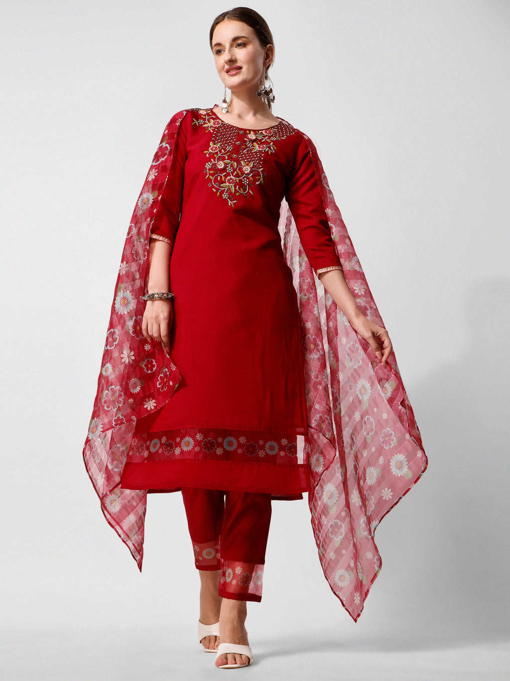 Embroidered Kurta With Pant And Printed Dupatta Set, Multicolor - Hiral Fashion | Grocsy