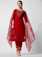 Embroidered Kurta With Pant And Printed Dupatta Set, Multicolor - Hiral Fashion | Grocsy