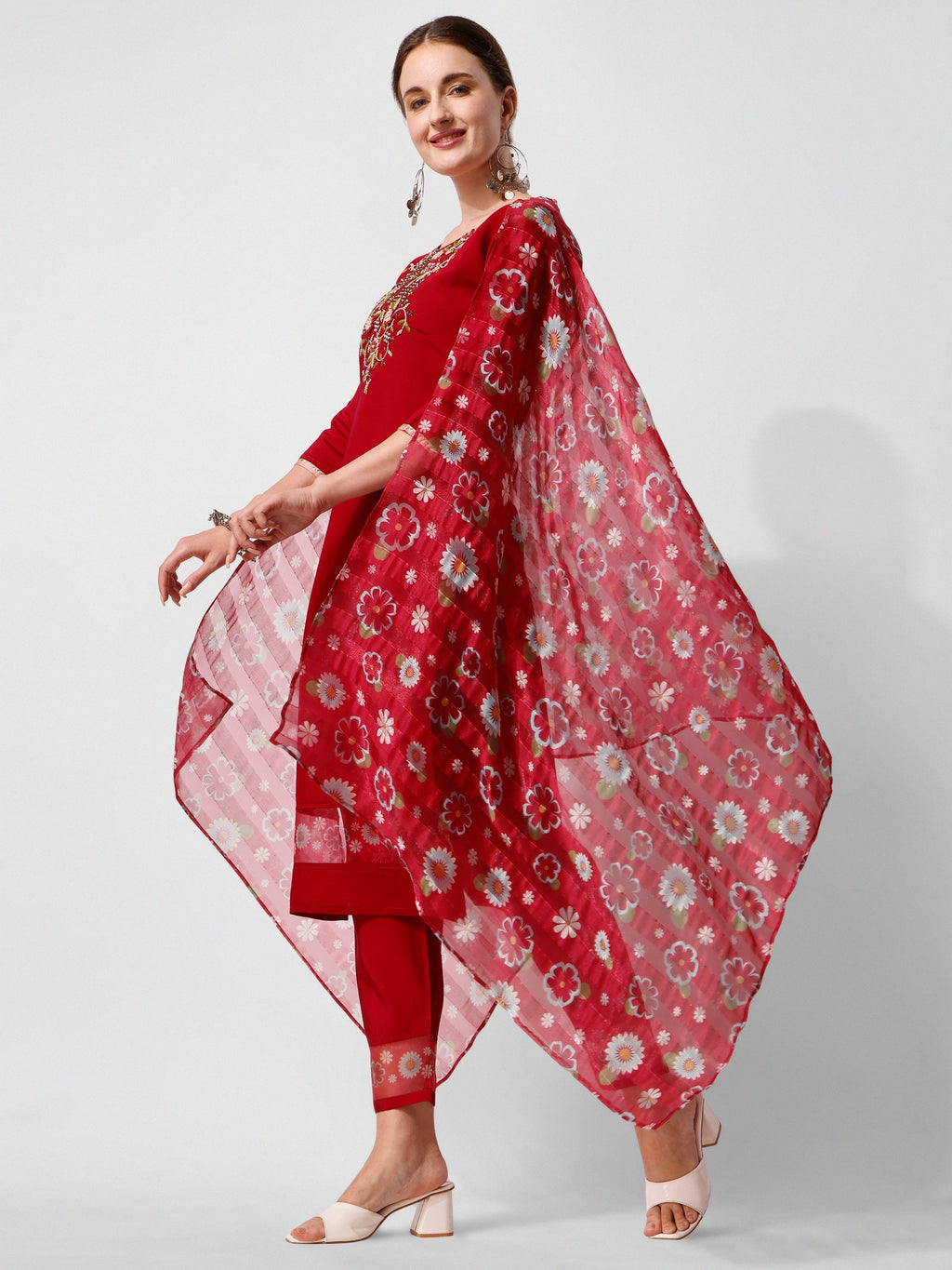 Embroidered Kurta With Pant And Printed Dupatta Set, Multicolor - Hiral Fashion | Grocsy