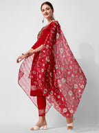 Embroidered Kurta With Pant And Printed Dupatta Set, Multicolor - Hiral Fashion | Grocsy