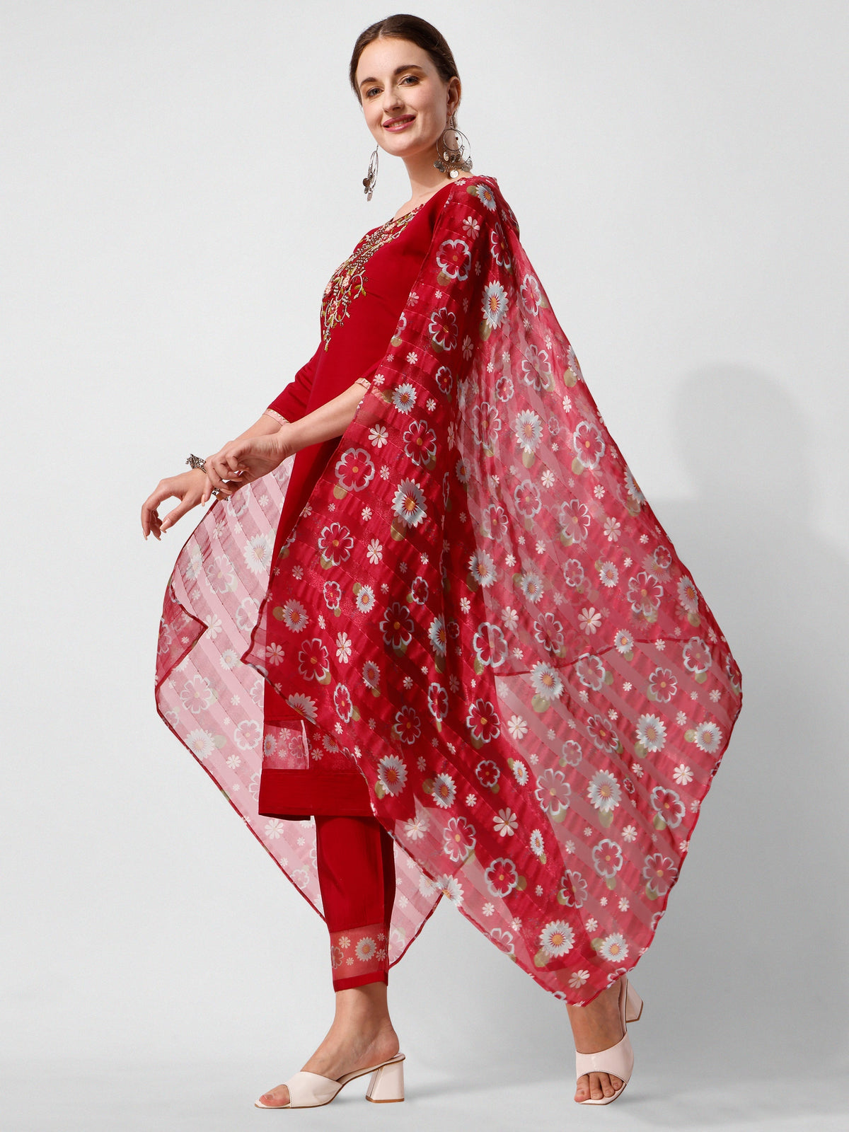 Embroidered Kurta With Pant And Printed Dupatta Set, Multicolor - Hiral Fashion | Grocsy