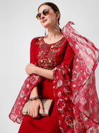 Embroidered Kurta With Pant And Printed Dupatta Set, Multicolor - Hiral Fashion | Grocsy