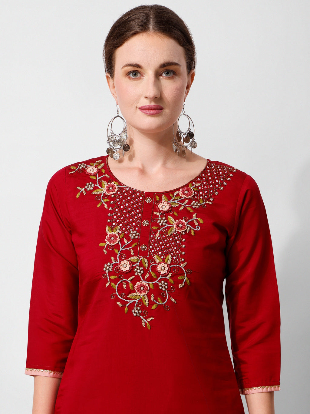 Embroidered Kurta With Pant And Printed Dupatta Set, Multicolor - Hiral Fashion | Grocsy