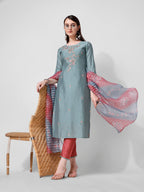 Blue Embroidered Kurta Pant & Printed Dupatta Set, Multicolor - Hiral Fashion | Grocsy