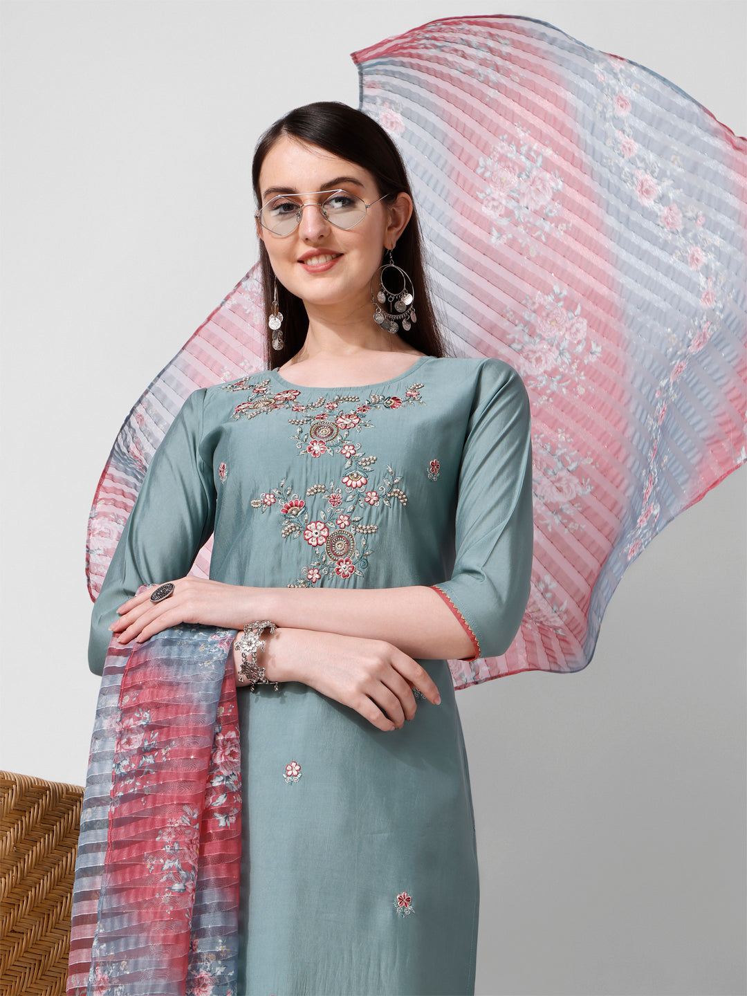 Blue Embroidered Kurta Pant & Printed Dupatta Set, Multicolor - Hiral Fashion | Grocsy