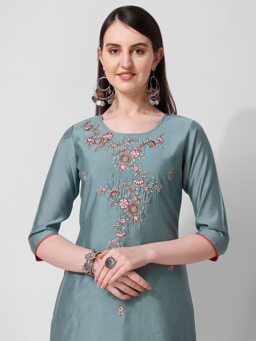 Blue Embroidered Kurta Pant & Printed Dupatta Set, Multicolor - Hiral Fashion | Grocsy