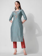 Blue Embroidered Kurta Pant & Printed Dupatta Set, Multicolor - Hiral Fashion | Grocsy