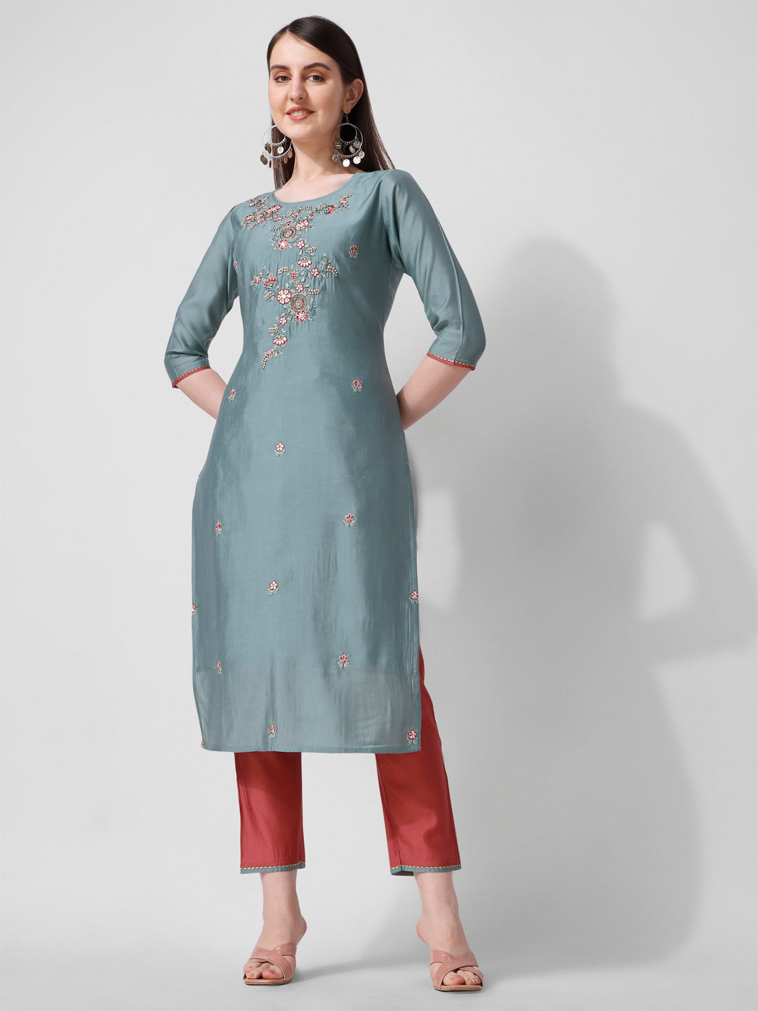 Blue Embroidered Kurta Pant & Printed Dupatta Set, Multicolor - Hiral Fashion | Grocsy