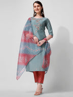 Blue Embroidered Kurta Pant & Printed Dupatta Set, Multicolor - Hiral Fashion | Grocsy