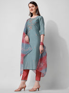 Blue Embroidered Kurta Pant & Printed Dupatta Set, Multicolor - Hiral Fashion | Grocsy