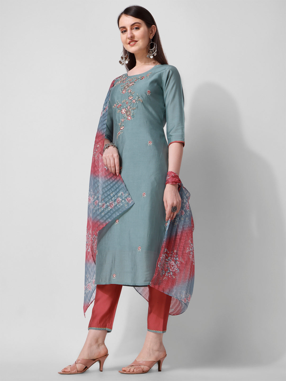 Blue Embroidered Kurta Pant & Printed Dupatta Set, Multicolor - Hiral Fashion | Grocsy