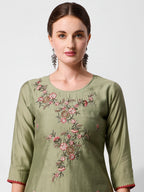 Green Embroidered Kurta Pant & Printed Dupatta Set, Multicolor - Hiral Fashion | Grocsy