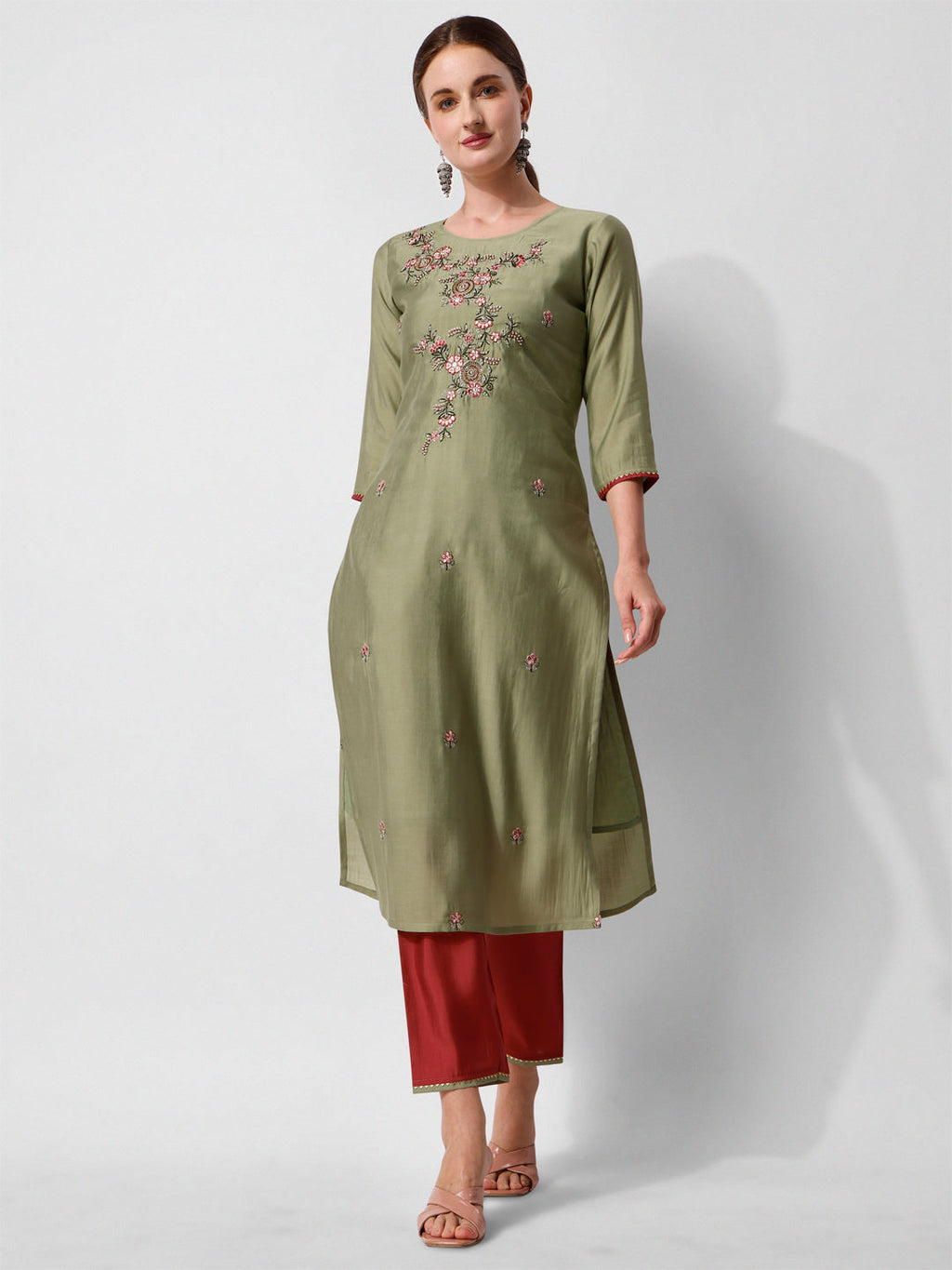 Green Embroidered Kurta Pant & Printed Dupatta Set, Multicolor - Hiral Fashion | Grocsy