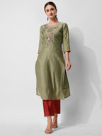 Green Embroidered Kurta Pant & Printed Dupatta Set, Multicolor - Hiral Fashion | Grocsy