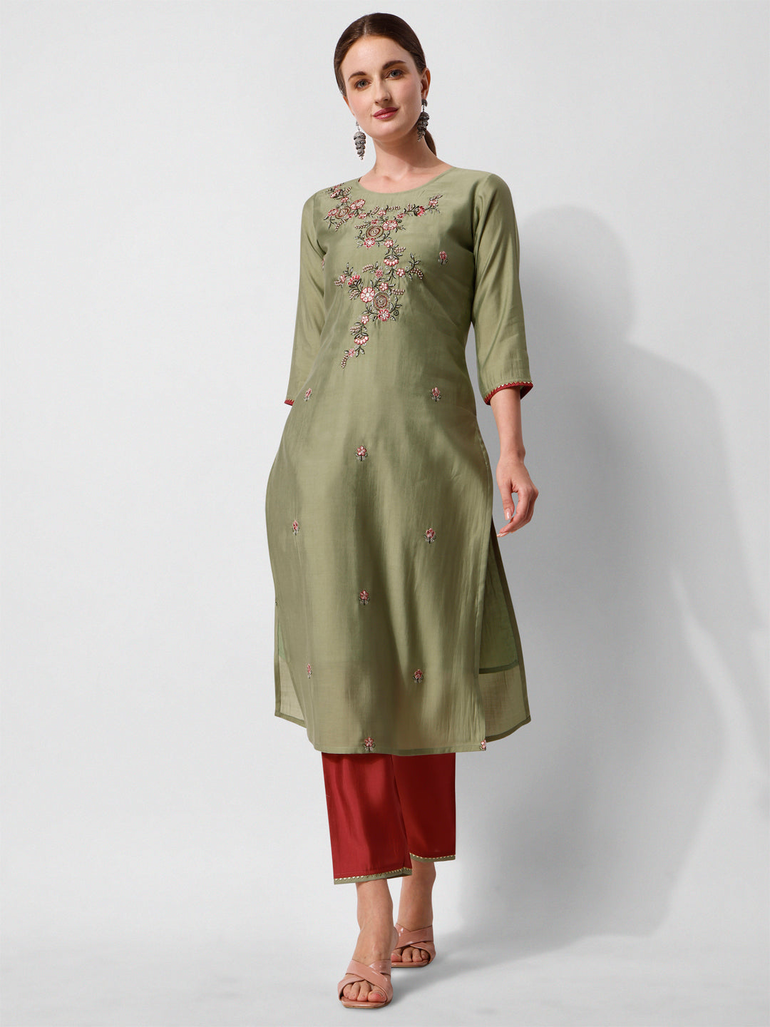 Green Embroidered Kurta Pant & Printed Dupatta Set, Multicolor - Hiral Fashion | Grocsy