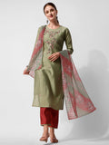 Green Embroidered Kurta Pant & Printed Dupatta Set, Multicolor - Hiral Fashion | Grocsy