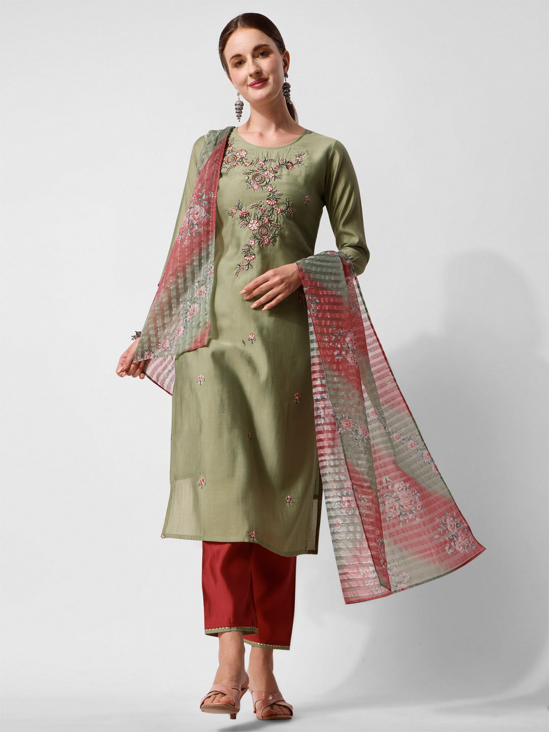 Green Embroidered Kurta Pant & Printed Dupatta Set, Multicolor - Hiral Fashion | Grocsy