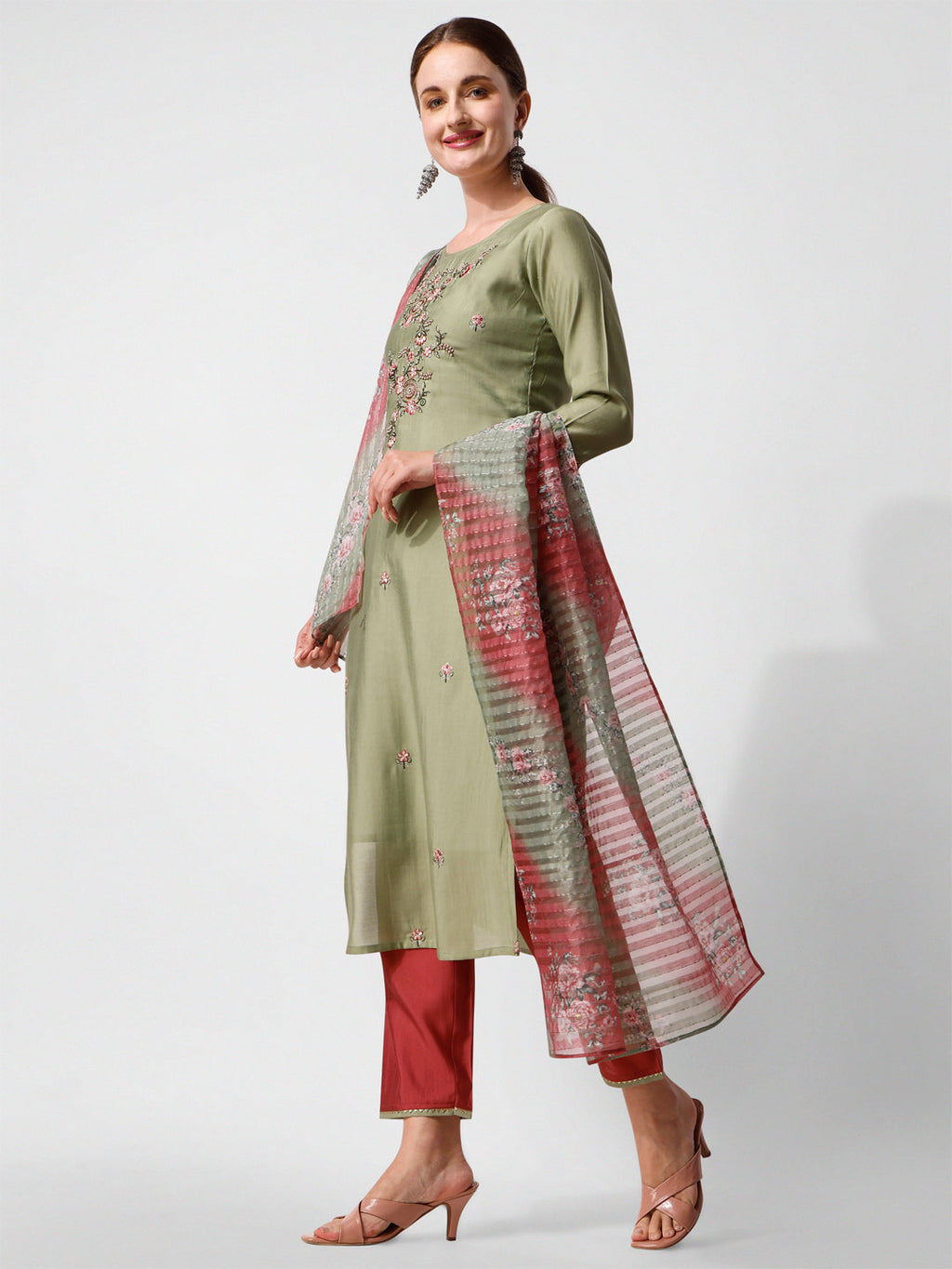 Green Embroidered Kurta Pant & Printed Dupatta Set, Multicolor - Hiral Fashion | Grocsy
