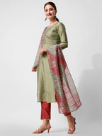 Green Embroidered Kurta Pant & Printed Dupatta Set, Multicolor - Hiral Fashion | Grocsy