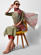 Green Embroidered Kurta Pant & Printed Dupatta Set, Multicolor - Hiral Fashion | Grocsy